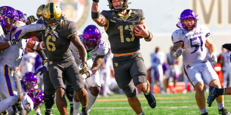 WEST POINT, NEW YORK - OCTOBER 19: Bryson Daily #13 of the Army Black Knights celebrates as he scores a touchdown during the second half of a football game against the East Carolina Pirates at Michie Stadium on October 19, 2024 in West Point, New York. (Photo by David Jensen/Getty Images)