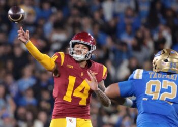 USC quarterback Jayden Maiava passes against UCLA at the Rose Bowl.