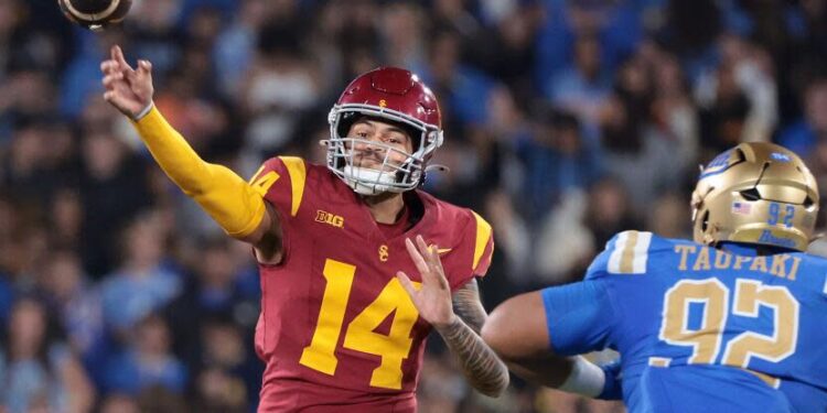 USC quarterback Jayden Maiava passes against UCLA at the Rose Bowl.