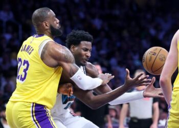 Los Angeles, California November 13, 2024-Lakers LeBron James tries to steal the ball away from Grizzlies Jaren Jackson Jr. in the first half at Crypto.com Arena Wednesday. (Wally Skalij/Los Angeles Times)