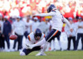 Wil Lutz #3 of the Denver Broncos attempts a field goal that was blocked in the fourth quarter of a game against the Kansas City Chiefs at GEHA Field at Arrowhead Stadium on November 10, 2024 in Kansas City, Missouri. (Photo by Jamie Squire/Getty Images)