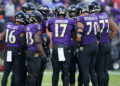 Nov 3, 2024; Baltimore, Maryland, USA; Baltimore Ravens quarterback Josh Johnson (17) leads the offense during the fourth quarter touchdown against the Denver Broncos at M&T Bank Stadium. Mandatory Credit: Mitch Stringer-Imagn Images