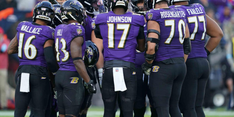 Nov 3, 2024; Baltimore, Maryland, USA; Baltimore Ravens quarterback Josh Johnson (17) leads the offense during the fourth quarter touchdown against the Denver Broncos at M&T Bank Stadium. Mandatory Credit: Mitch Stringer-Imagn Images