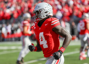 COLUMBUS, OH - OCTOBER 26: Ohio State Buckeyes wide receiver Jeremiah Smith (4) runs off the field after scoring a touchdown during the game against the Nebraska Cornhuskers and the Ohio State Buckeyes on October 26, 2024, at Ohio Stadium in Columbus, OH. (Photo by Ian Johnson/Icon Sportswire via Getty Images)