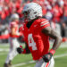 COLUMBUS, OH - OCTOBER 26: Ohio State Buckeyes wide receiver Jeremiah Smith (4) runs off the field after scoring a touchdown during the game against the Nebraska Cornhuskers and the Ohio State Buckeyes on October 26, 2024, at Ohio Stadium in Columbus, OH. (Photo by Ian Johnson/Icon Sportswire via Getty Images)