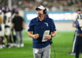 EAST LANSING, MI - AUGUST 30: Florida Atlantic Owls head coach Tom Herman talks to his coaches in the booth during a college football game between the Michigan State Spartans and the Florida Atlantic Owls on August 30, 2024, at Spartan Stadium in East Lansing, MI. (Photo by Adam Ruff/Icon Sportswire via Getty Images)