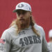 San Francisco 49ers tight end George Kittle wears a Salute to Service logo while warming up before an NFL football game against the Seattle Seahawks in Santa Clara, Calif., Sunday, Nov. 17, 2024. (AP Photo/Jed Jacobsohn)