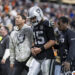 LAS VEGAS, NEVADA - NOVEMBER 24: Gardner Minshew #15 of the Las Vegas Raiders reacts to an apparent injury as he’s helped off the field during an NFL Football game against the Denver Broncos at Allegiant Stadium on November 24, 2024 in Las Vegas, Nevada. (Photo by Michael Owens/Getty Images)