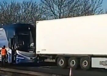 Real Madrid's bus is damaged in a road accident involving a lorry on the M40