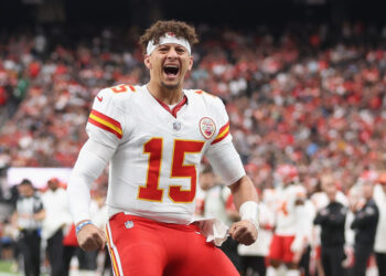 LAS VEGAS, NEVADA - OCTOBER 27:  Patrick Mahomes #15 of the Kansas City Chiefs reacts on the field during the NFL game against the Las Vegas Raiders at Allegiant Stadium on October 27, 2024 in Las Vegas, Nevada. The Chiefs defeated the Raiders 27-20.  (Photo by Christian Petersen/Getty Images)