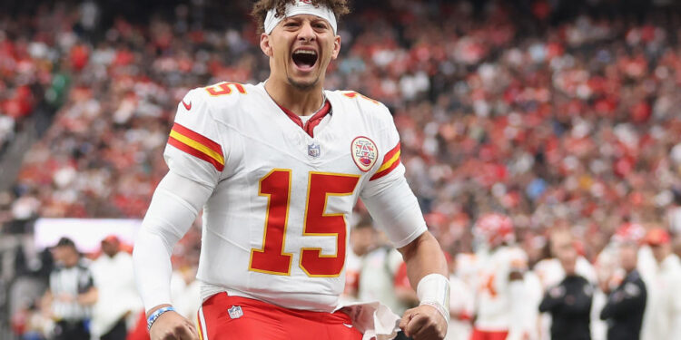 LAS VEGAS, NEVADA - OCTOBER 27:  Patrick Mahomes #15 of the Kansas City Chiefs reacts on the field during the NFL game against the Las Vegas Raiders at Allegiant Stadium on October 27, 2024 in Las Vegas, Nevada. The Chiefs defeated the Raiders 27-20.  (Photo by Christian Petersen/Getty Images)