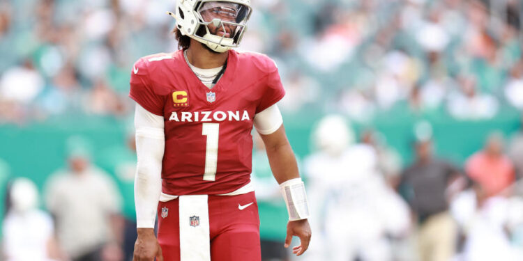 MIAMI GARDENS, FLORIDA - OCTOBER 27: Kyler Murray #1 of the Arizona Cardinals reacts after his team fails to convert on fourth down during the second half against the Miami Dolphins at Hard Rock Stadium on October 27, 2024 in Miami Gardens, Florida. (Photo by Carmen Mandato/Getty Images)