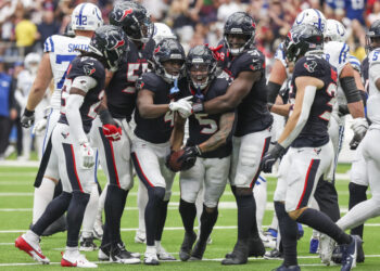 Houston Texans safety Jalen Pitre (5) celebrates his interception in the second quarter during the NFL game between the Indianapolis Colts and Houston Texans on October 27, 2024 at NRG Stadium in Houston, Texas.  (Photo by Leslie Plaza Johnson/Icon Sportswire via Getty Images)