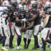 Houston Texans safety Jalen Pitre (5) celebrates his interception in the second quarter during the NFL game between the Indianapolis Colts and Houston Texans on October 27, 2024 at NRG Stadium in Houston, Texas.  (Photo by Leslie Plaza Johnson/Icon Sportswire via Getty Images)