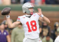 CHICAGO, ILLINOIS - NOVEMBER 16: Will Howard #18 of the Ohio State Buckeyes throws a pass against the Northwestern Wildcats during the second half at Wrigley Field on November 16, 2024 in Chicago, Illinois. (Photo by Michael Reaves/Getty Images)