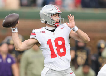 CHICAGO, ILLINOIS - NOVEMBER 16: Will Howard #18 of the Ohio State Buckeyes throws a pass against the Northwestern Wildcats during the second half at Wrigley Field on November 16, 2024 in Chicago, Illinois. (Photo by Michael Reaves/Getty Images)