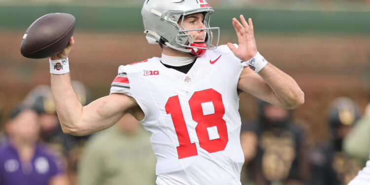 CHICAGO, ILLINOIS - NOVEMBER 16: Will Howard #18 of the Ohio State Buckeyes throws a pass against the Northwestern Wildcats during the second half at Wrigley Field on November 16, 2024 in Chicago, Illinois. (Photo by Michael Reaves/Getty Images)