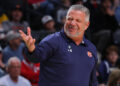 BIRMINGHAM, ALABAMA - MARCH 16: Head coach Bruce Pearl of the Auburn Tigers reacts during the first half against the Iowa Hawkeyes in the first round of the NCAA Men's Basketball Tournament at Legacy Arena at the BJCC on March 16, 2023 in Birmingham, Alabama. (Photo by Kevin C. Cox/Getty Images)