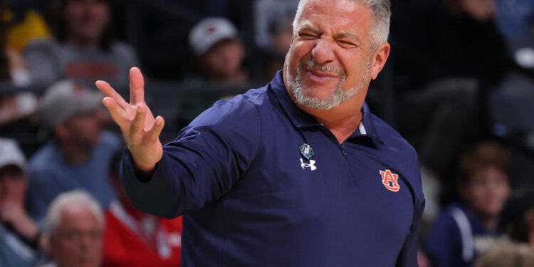 BIRMINGHAM, ALABAMA - MARCH 16: Head coach Bruce Pearl of the Auburn Tigers reacts during the first half against the Iowa Hawkeyes in the first round of the NCAA Men's Basketball Tournament at Legacy Arena at the BJCC on March 16, 2023 in Birmingham, Alabama. (Photo by Kevin C. Cox/Getty Images)