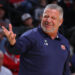 BIRMINGHAM, ALABAMA - MARCH 16: Head coach Bruce Pearl of the Auburn Tigers reacts during the first half against the Iowa Hawkeyes in the first round of the NCAA Men's Basketball Tournament at Legacy Arena at the BJCC on March 16, 2023 in Birmingham, Alabama. (Photo by Kevin C. Cox/Getty Images)