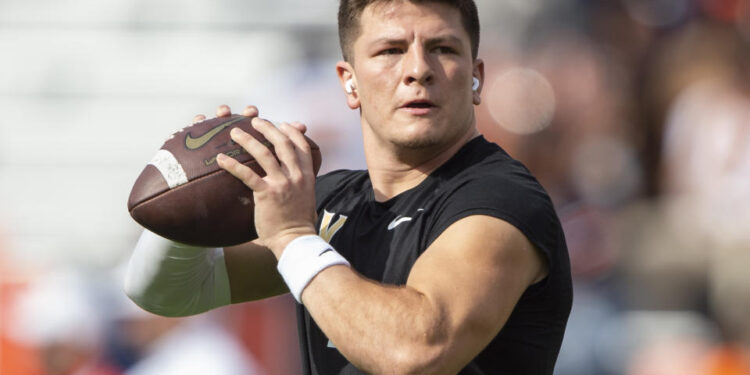 AUBURN, ALABAMA - NOVEMBER 02: Quarterback Diego Pavia #2 of the Vanderbilt Commodores prior to the game Auburn Tigers at Jordan-Hare Stadium on November 02, 2024 in Auburn, Alabama. (Photo by Michael Chang/Getty Images)