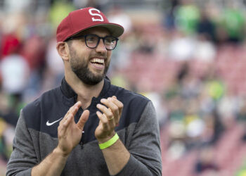 PALO ALTO, CA - SEPTEMBER 30:  Former Stanford and NFL quarterback Andrew Luck is inducted into the Stanford Athletics Hall of Fame at halftime of a Pac-12 NCAA college football game between the Stanford Cardinal and the Oregon Ducks on September 30, 2023 at Stanford Stadium in Palo Alto, California.  (Photo by David Madison/Getty Images)