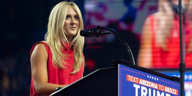 Former competitve swimmer Riley Gaines speaks during a campaign rally for Republican presidential nominee, former U.S. President Donald Trump at Desert Diamond Arena on August 23, 2024, in Glendale, Arizona. The rally, held in partnership with Turning Point PAC and Turning Point Action, came two weeks after Democratic presidential nominee U.S. Vice President Harris held a rally at the same location. 