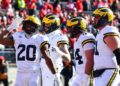 Kalel Mullings, #20 of the Michigan Wolverines, reacts after scoring a touchdown during the second quarter of a game against the Ohio State Buckeyes at Ohio Stadium on November 30, 2024, in Columbus, Ohio. (Photo by Ben Jackson/Getty Images)