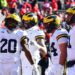 Kalel Mullings, #20 of the Michigan Wolverines, reacts after scoring a touchdown during the second quarter of a game against the Ohio State Buckeyes at Ohio Stadium on November 30, 2024, in Columbus, Ohio. (Photo by Ben Jackson/Getty Images)