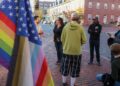 Salem, MA - November 8: Protesters in front of Seth Moulton’s office. 