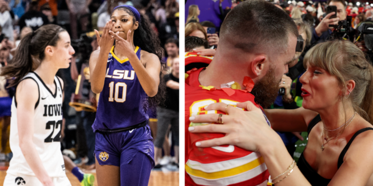 Caitlin Clark and Angel Reese in the 2023 NCAA women's final, and Taylor Swift crying in front of Travis Kelce at the Super Bowl.