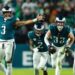 Philadelphia Eagles safety Reed Blankenship celebrates with teammates after his interception during the fourth quarter against the Washington Commanders at Lincoln Financial Field. Mandatory Credit: Bill Streicher-Imagn Images