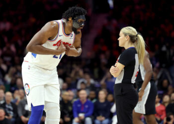 Joel Embiid charged into Victor Wembanyama, and then erupted at the officials after being called for the offensive foul.