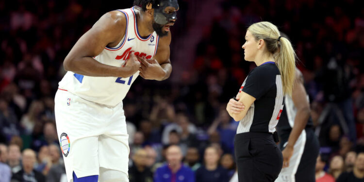 Joel Embiid charged into Victor Wembanyama, and then erupted at the officials after being called for the offensive foul.