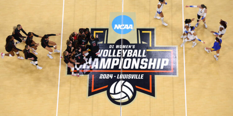 LOUISVILLE, KENTUCKY - DECEMBER 19: The Louisville Cardinals celebrate their victory over the Pitt Panthers during the Division I Women's Volleyball Semifinals held at the KFC YUM! Center on December 19, 2024 in Louisville, Kentucky.  (Photo by Jamie Schwaberow/NCAA Photos via Getty Images)