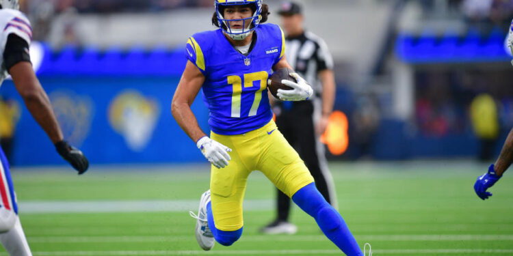 Dec 8, 2024; Inglewood, California, USA; Los Angeles Rams wide receiver Puka Nacua (17) runs the ball against the Buffalo Bills during the first half at SoFi Stadium. Mandatory Credit: Gary A. Vasquez-Imagn Images