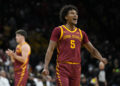 Iowa State guard Curtis Jones celebrates at the end ofan NCAA college basketball game against Iowa, Thursday, Dec. 12, 2024, in Iowa City, Iowa. (AP Photo/Charlie Neibergall)