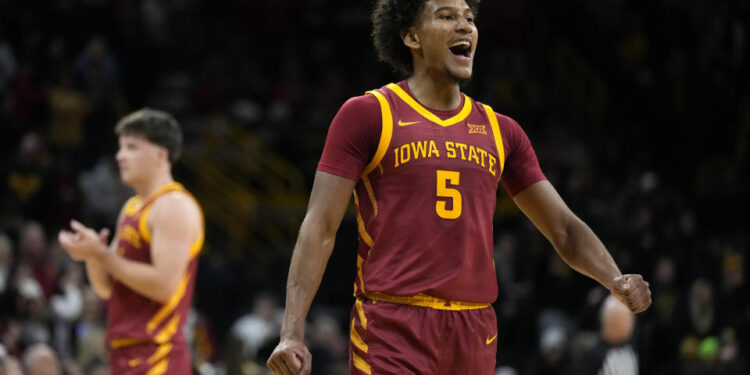 Iowa State guard Curtis Jones celebrates at the end ofan NCAA college basketball game against Iowa, Thursday, Dec. 12, 2024, in Iowa City, Iowa. (AP Photo/Charlie Neibergall)