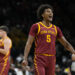 Iowa State guard Curtis Jones celebrates at the end ofan NCAA college basketball game against Iowa, Thursday, Dec. 12, 2024, in Iowa City, Iowa. (AP Photo/Charlie Neibergall)