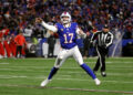 Buffalo Bills quarterback Josh Allen (17) makes an off balance for a 13-yard touchdown to Buffalo Bills wide receiver Khalil Shakir (10).. PHOTO USA TODAY SPORTS IMAGES