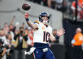 Nov 24, 2024; Paradise, Nevada, USA; Denver Broncos quarterback Bo Nix (10) makes a pass against the Las Vegas Raiders during the third quarter at Allegiant Stadium. Mandatory Credit: Stephen R. Sylvanie-Imagn Images