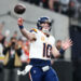 Nov 24, 2024; Paradise, Nevada, USA; Denver Broncos quarterback Bo Nix (10) makes a pass against the Las Vegas Raiders during the third quarter at Allegiant Stadium. Mandatory Credit: Stephen R. Sylvanie-Imagn Images