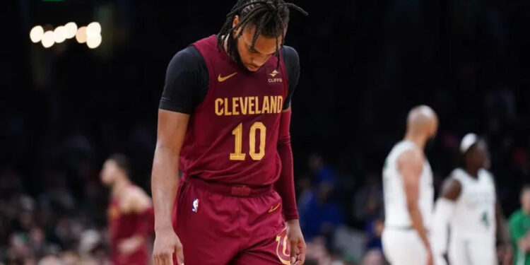 Dec 14, 2023; Boston, Massachusetts, USA; Cleveland Cavaliers guard Darius Garland (10) on the court against the Boston Celtics in the second half at TD Garden. credits: David Butler II-USA TODAY Sports