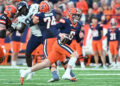 Nov 23, 2024; Syracuse, New York, USA; Syracuse Orange quarterback Kyle McCord (6) runs out of the pocket in the first quarter against the Connecticut Huskies at the JMA Wireless Dome. Mandatory Credit: Mark Konezny-Imagn Images