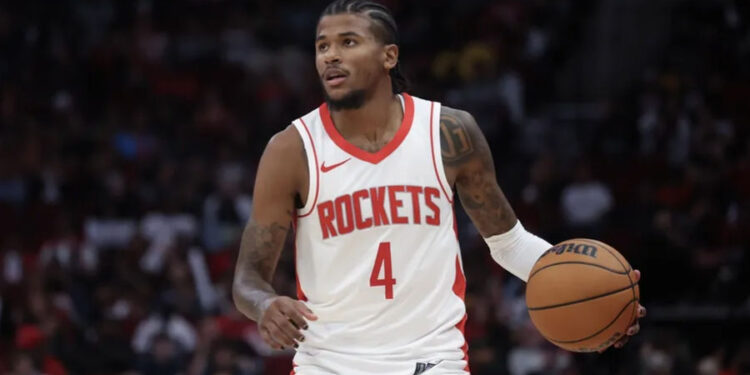 Oct 17, 2024; Houston, Texas, USA; Houston Rockets guard Jalen Green (4) dribbles against the San Antonio Spurs in the fourth quarter at Toyota Center. Mandatory Credit: Thomas Shea-Imagn Images