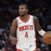 Oct 17, 2024; Houston, Texas, USA; Houston Rockets guard Jalen Green (4) dribbles against the San Antonio Spurs in the fourth quarter at Toyota Center. Mandatory Credit: Thomas Shea-Imagn Images