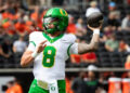 PHOTO USA Today Sports Images. Oregon quarterback Dillon Gabriel throws out a pass during warm ups as the Oregon State Beavers host the Oregon Ducks Saturday, Sept. 14, 2024 at Reser Stadium in Corvallis, Ore.