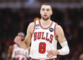 Dec 7, 2022; Chicago, Illinois, USA; Chicago Bulls guard Zach LaVine (8) reacts after scoring against the Washington Wizards during the first half at United Center. Mandatory Credit: Kamil Krzaczynski-USA TODAY Sports