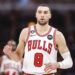 Dec 7, 2022; Chicago, Illinois, USA; Chicago Bulls guard Zach LaVine (8) reacts after scoring against the Washington Wizards during the first half at United Center. Mandatory Credit: Kamil Krzaczynski-USA TODAY Sports