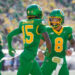 Oregon Ducks quarterback Dillon Gabriel and Oregon Ducks wide receiver Tez Johnson celebrate a touchdown by Johnson as the Oregon Ducks host the Idaho Vandals Saturday, Aug. 31, 2024 at Autzen Stadium in Eugene, Ore. PHOTO USA TODAY SPORTS IMAGES